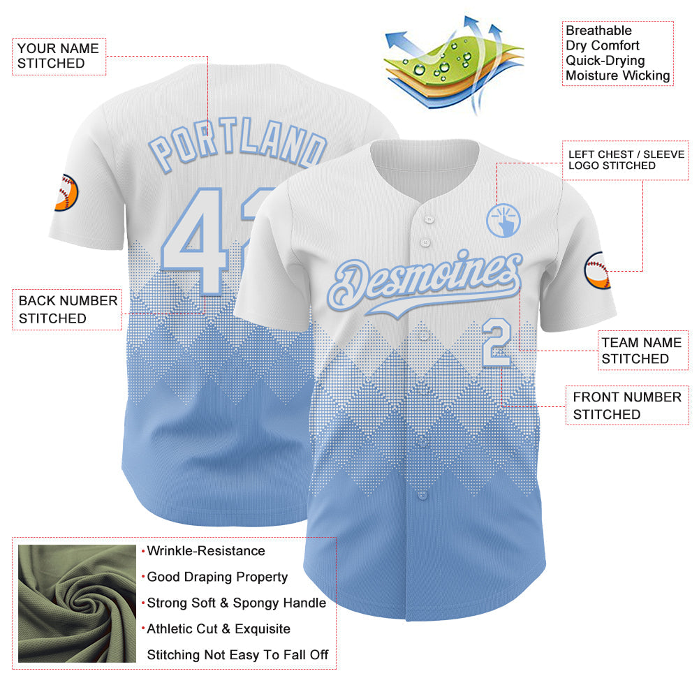 Custom White Light Blue 3D Gradient Square Shape Authentic Baseball Jersey - Sky-Custom