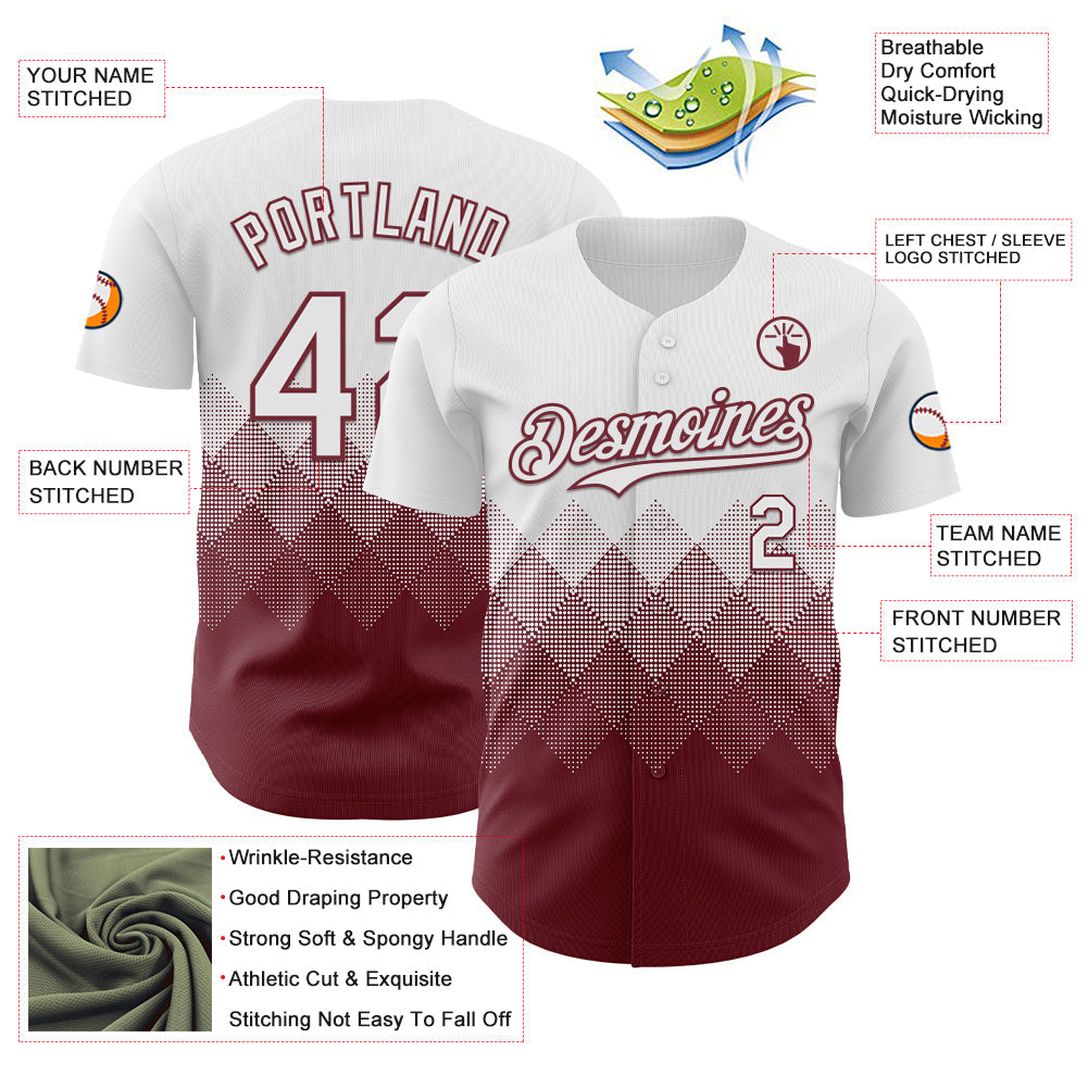 Custom White Burgundy 3D Gradient Square Shape Authentic Baseball Jersey - Sky-Custom