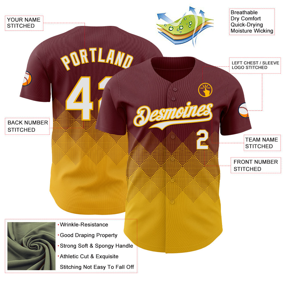 Custom Burgundy White-Gold 3D Gradient Square Shape Authentic Baseball Jersey - Sky-Custom