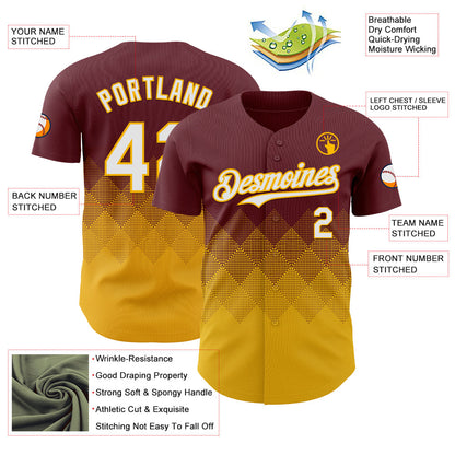 Custom Burgundy White-Gold 3D Gradient Square Shape Authentic Baseball Jersey - Sky-Custom