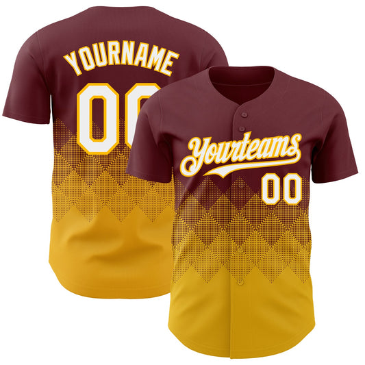 Custom Burgundy White-Gold 3D Gradient Square Shape Authentic Baseball Jersey - Sky-Custom