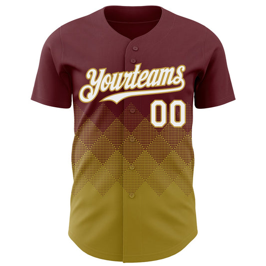 Custom Burgundy White-Old Gold 3D Gradient Square Shape Authentic Baseball Jersey - Sky-Custom