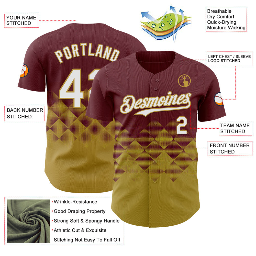 Custom Burgundy White-Old Gold 3D Gradient Square Shape Authentic Baseball Jersey - Sky-Custom