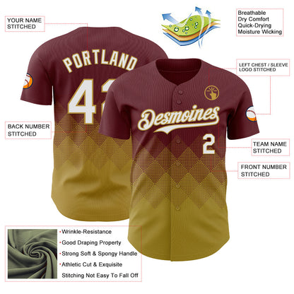 Custom Burgundy White-Old Gold 3D Gradient Square Shape Authentic Baseball Jersey - Sky-Custom