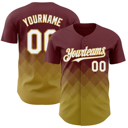 Custom Burgundy White-Old Gold 3D Gradient Square Shape Authentic Baseball Jersey - Sky-Custom