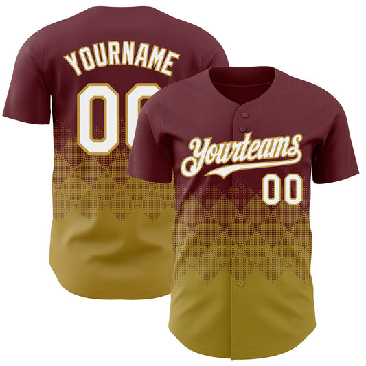 Custom Burgundy White-Old Gold 3D Gradient Square Shape Authentic Baseball Jersey - Sky-Custom