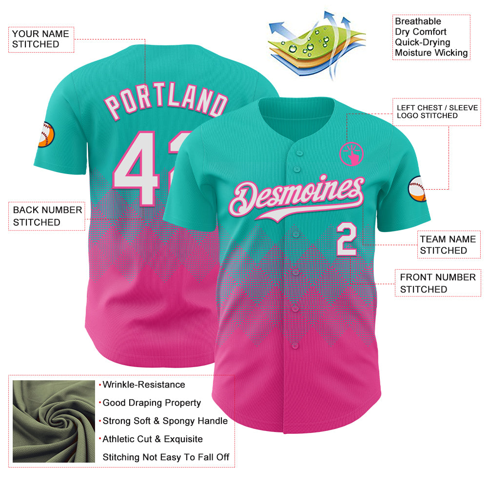 Custom Aqua White-Pink 3D Gradient Square Shape Authentic Baseball Jersey - Sky-Custom
