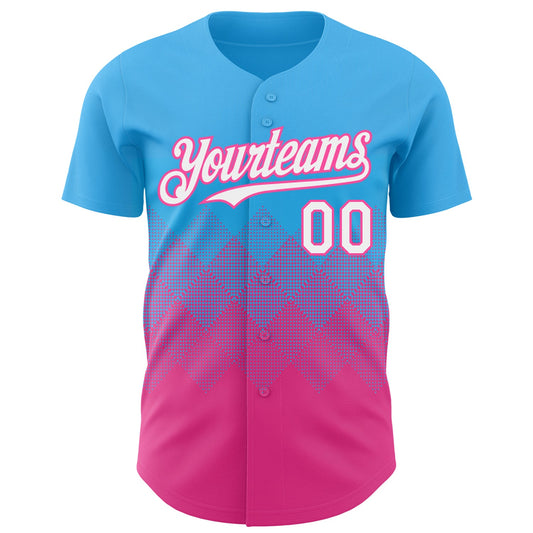 Custom Sky Blue White-Pink 3D Gradient Square Shape Authentic Baseball Jersey - Sky-Custom
