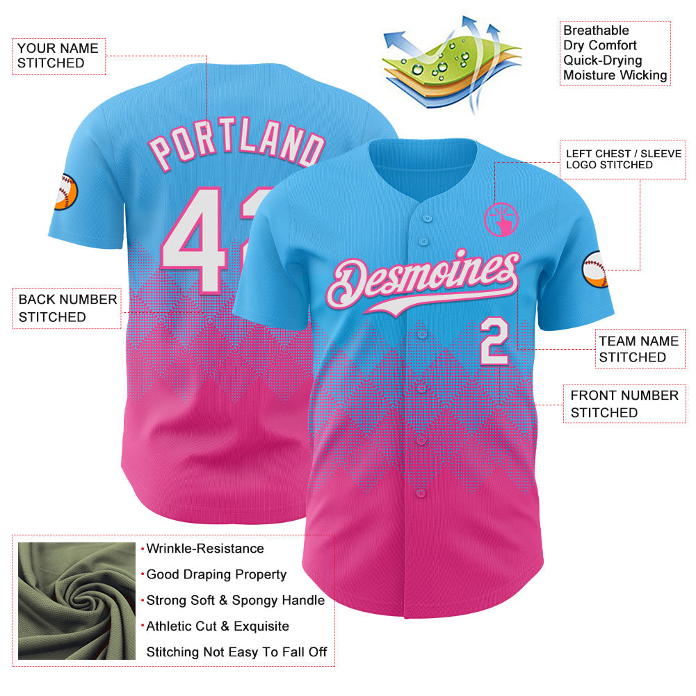 Custom Sky Blue White-Pink 3D Gradient Square Shape Authentic Baseball Jersey - Sky-Custom