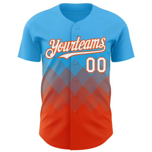 Custom Sky Blue White-Orange 3D Gradient Square Shape Authentic Baseball Jersey - Sky-Custom