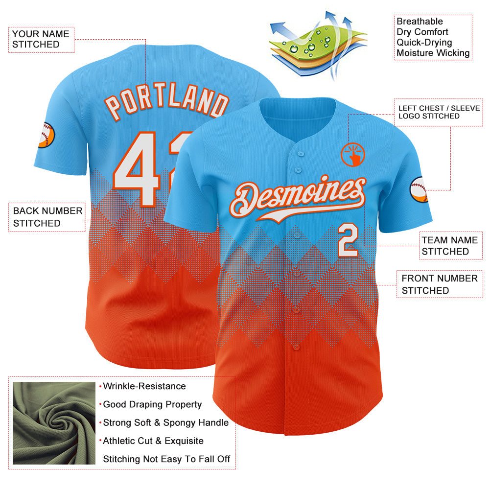Custom Sky Blue White-Orange 3D Gradient Square Shape Authentic Baseball Jersey - Sky-Custom