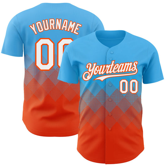 Custom Sky Blue White-Orange 3D Gradient Square Shape Authentic Baseball Jersey - Sky-Custom