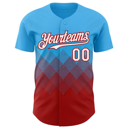 Custom Sky Blue White-Red 3D Gradient Square Shape Authentic Baseball Jersey - Sky-Custom