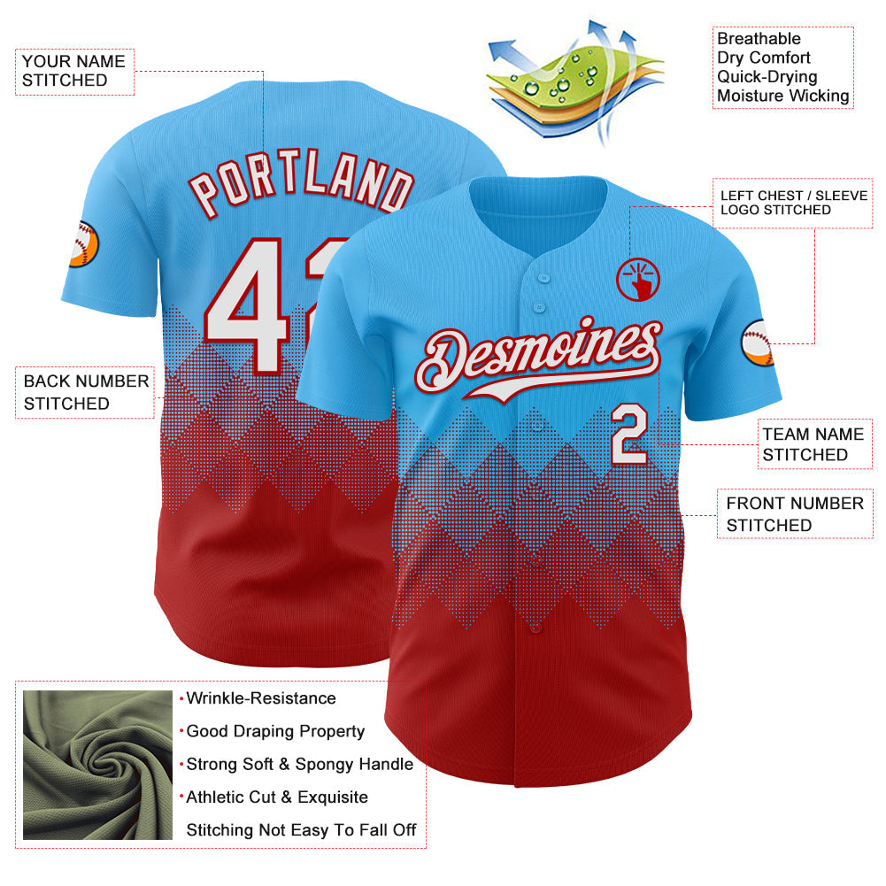 Custom Sky Blue White-Red 3D Gradient Square Shape Authentic Baseball Jersey - Sky-Custom