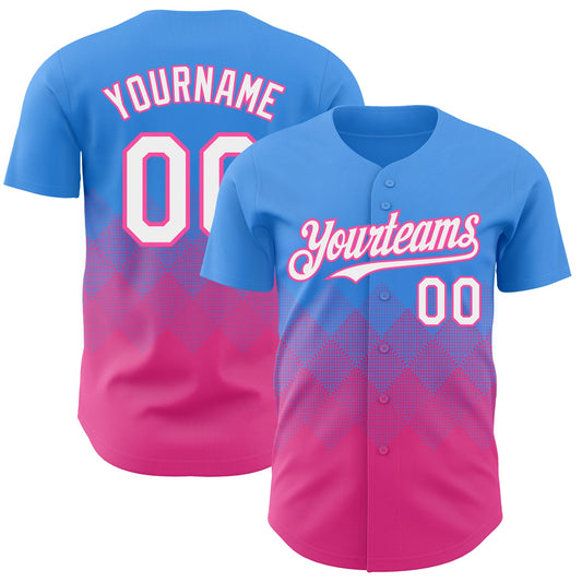 Custom Electric Blue White-Pink 3D Gradient Square Shape Authentic Baseball Jersey - Sky-Custom