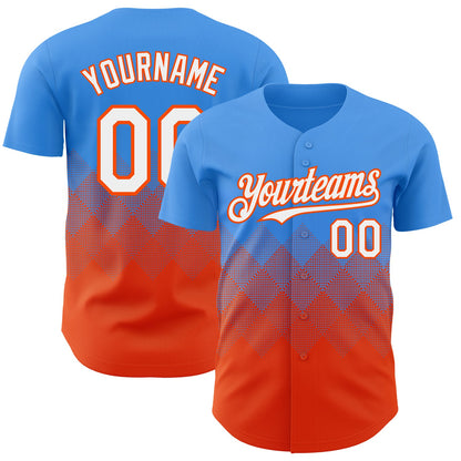 Custom Electric Blue White-Orange 3D Gradient Square Shape Authentic Baseball Jersey - Sky-Custom