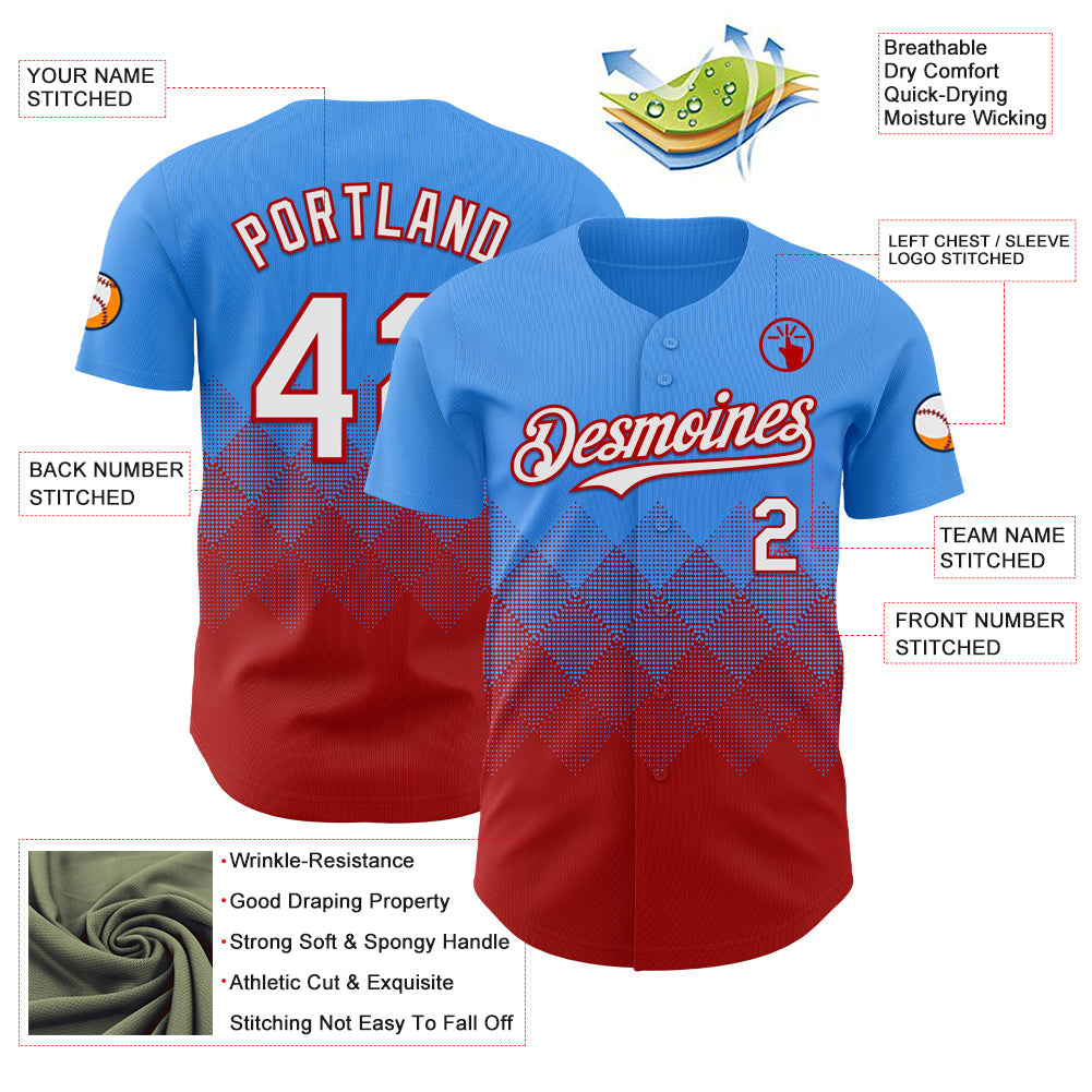 Custom Electric Blue White-Red 3D Gradient Square Shape Authentic Baseball Jersey - Sky-Custom