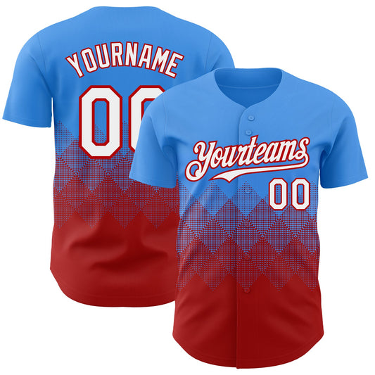 Custom Electric Blue White-Red 3D Gradient Square Shape Authentic Baseball Jersey - Sky-Custom