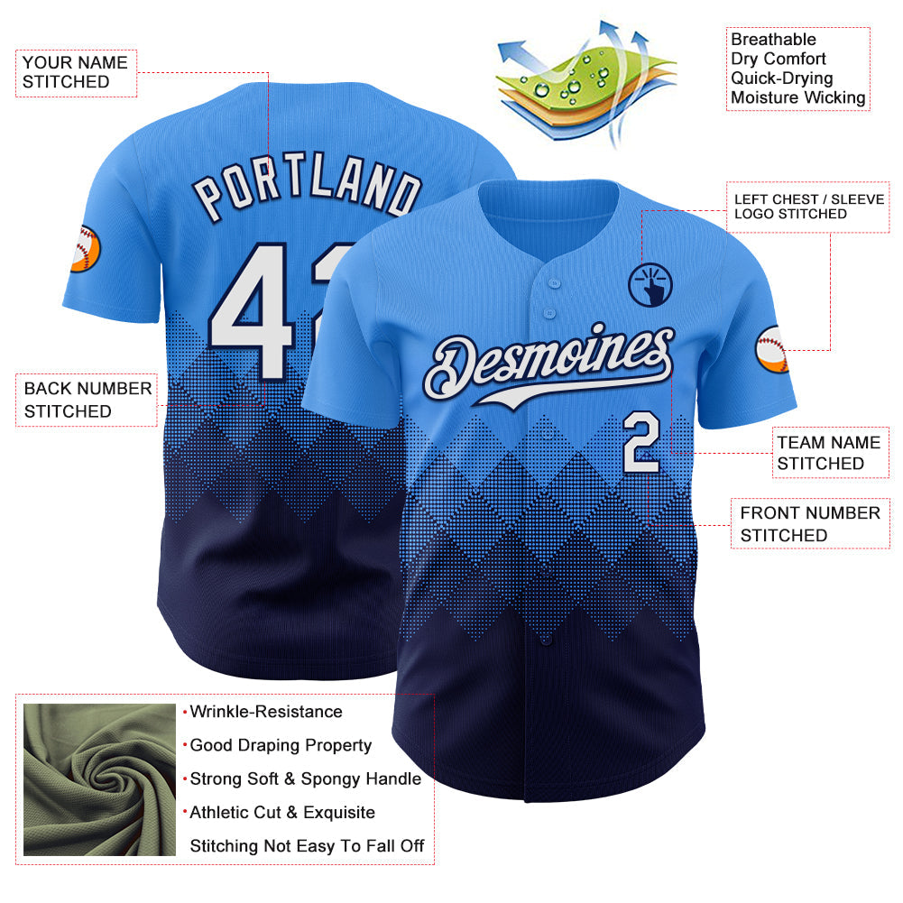 Custom Electric Blue White-Navy 3D Gradient Square Shape Authentic Baseball Jersey - Sky-Custom