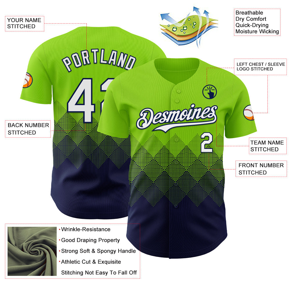 Custom Neon Green White-Navy 3D Gradient Square Shape Authentic Baseball Jersey - Sky-Custom