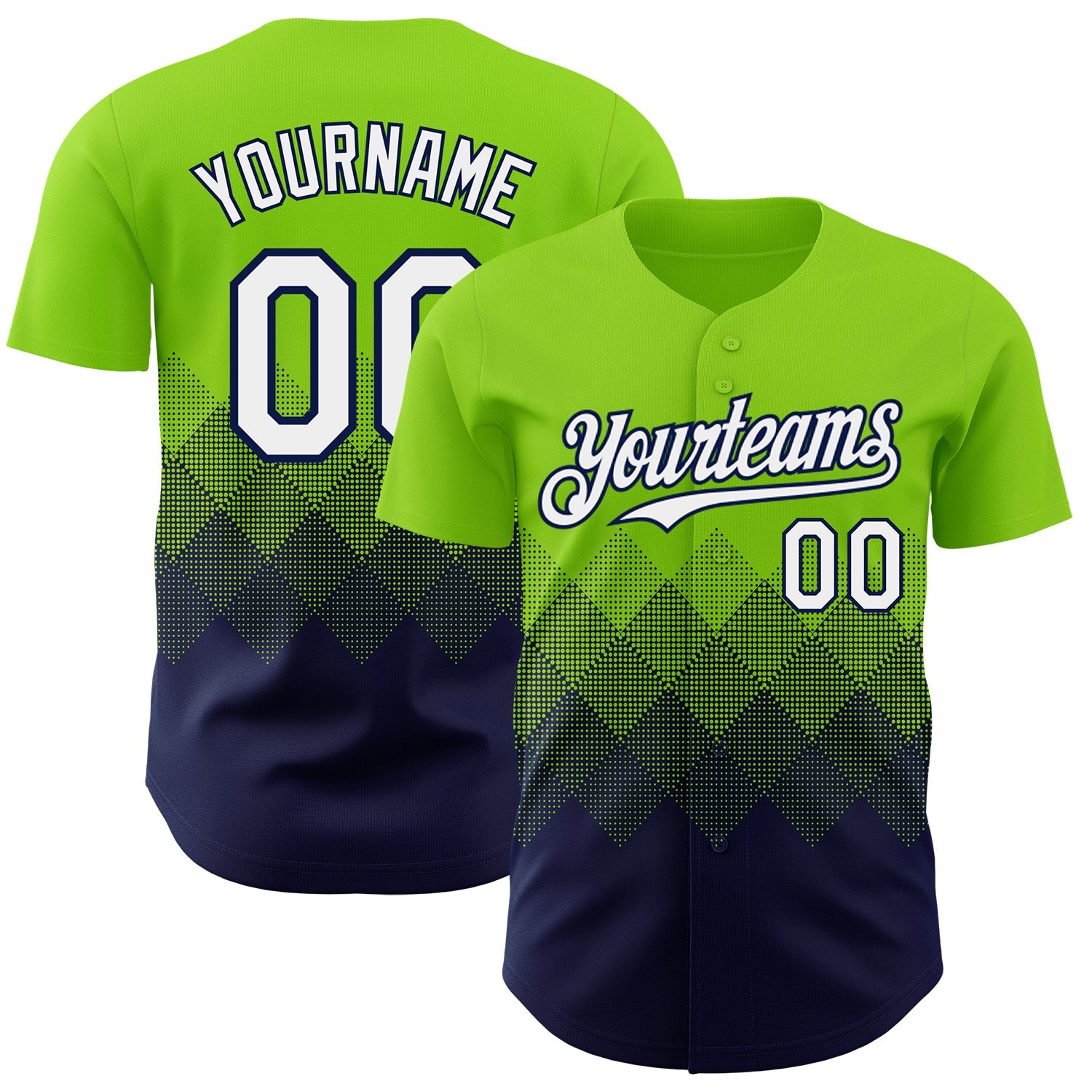 Custom Neon Green White-Navy 3D Gradient Square Shape Authentic Baseball Jersey - Sky-Custom