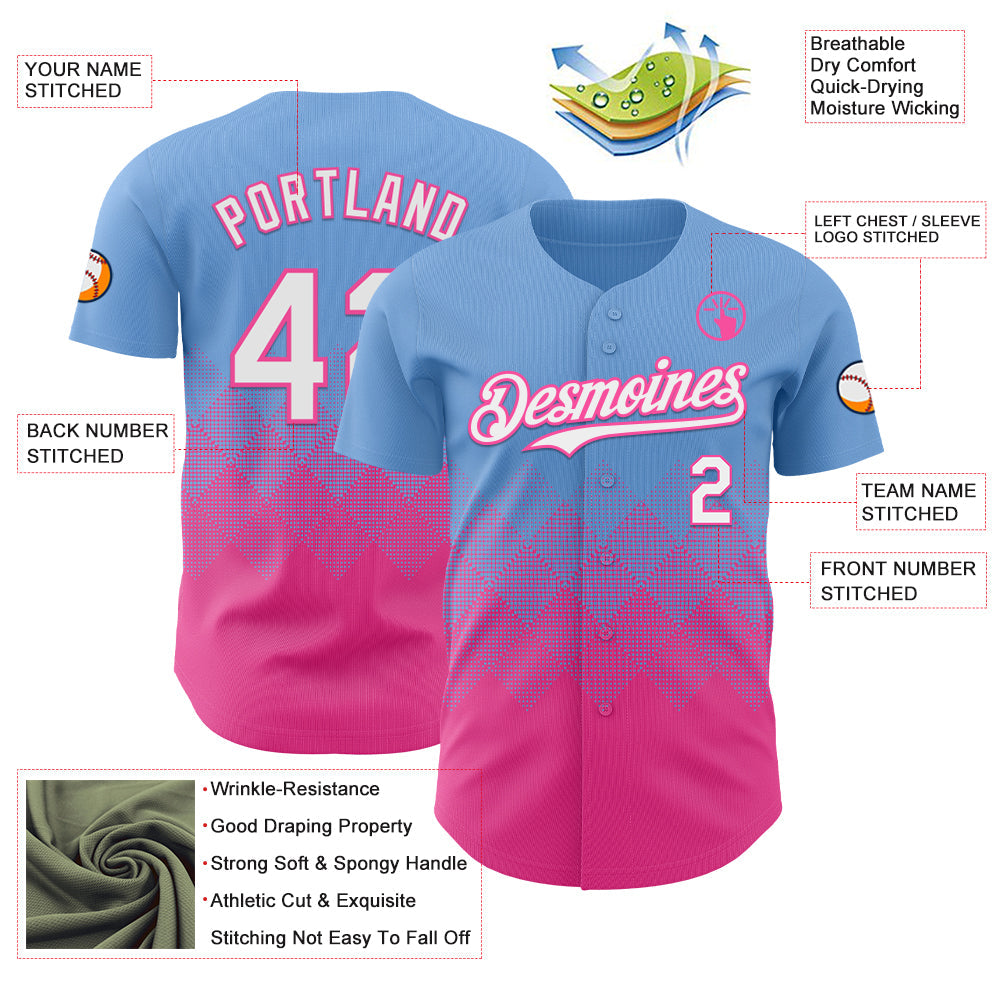 Custom Light Blue White-Pink 3D Gradient Square Shape Authentic Baseball Jersey - Sky-Custom
