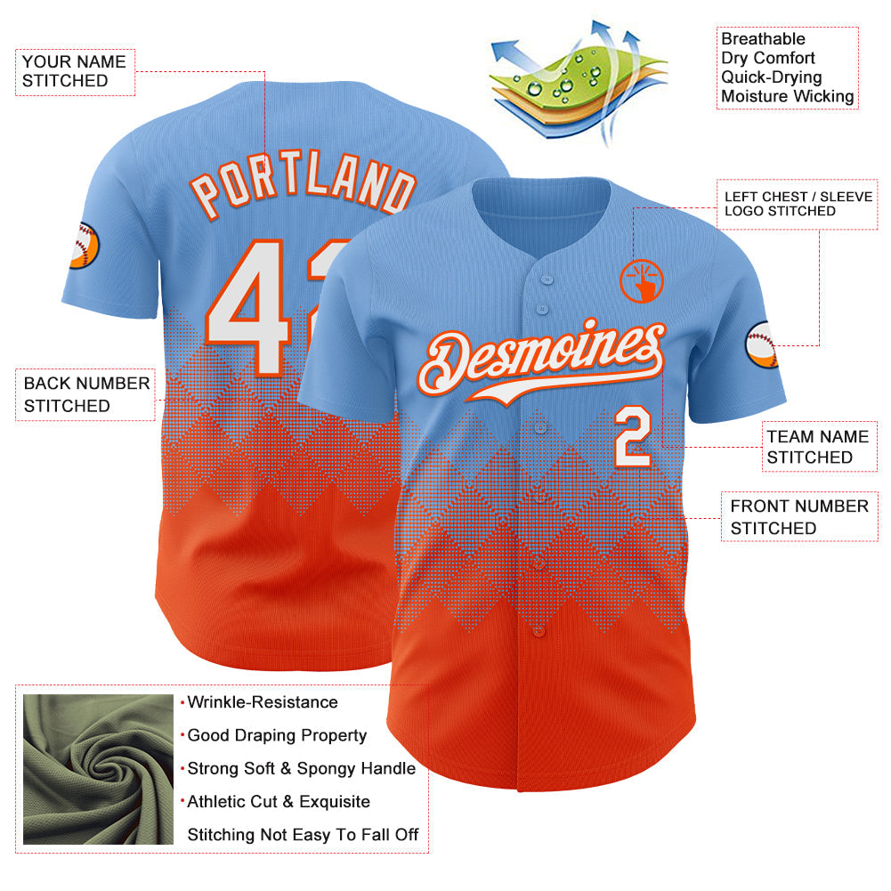 Custom Light Blue White-Orange 3D Gradient Square Shape Authentic Baseball Jersey - Sky-Custom