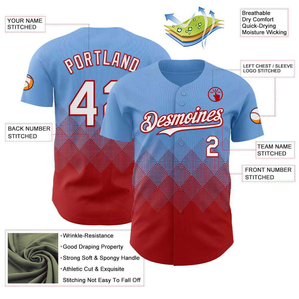 Custom Light Blue White-Red 3D Gradient Square Shape Authentic Baseball Jersey - Sky-Custom