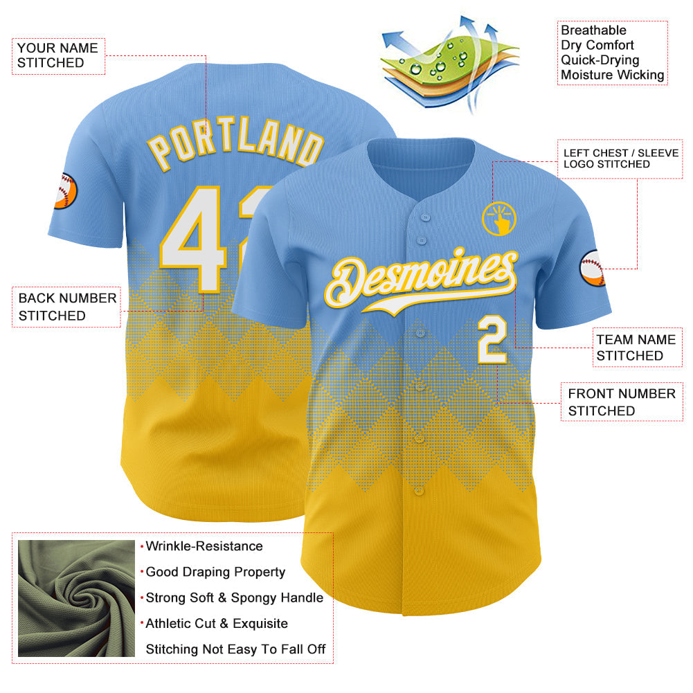 Custom Light Blue White-Yellow 3D Gradient Square Shape Authentic Baseball Jersey - Sky-Custom