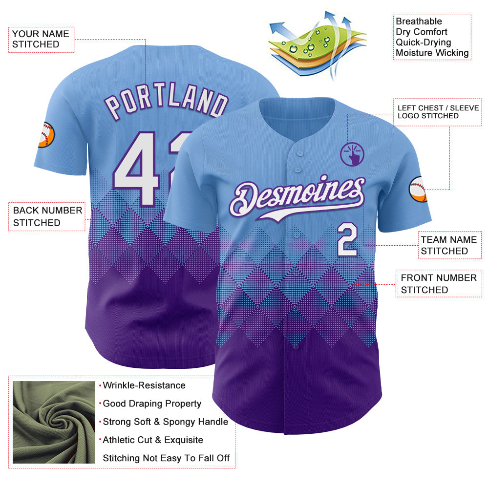 Custom Light Blue White-Purple 3D Gradient Square Shape Authentic Baseball Jersey - Sky-Custom