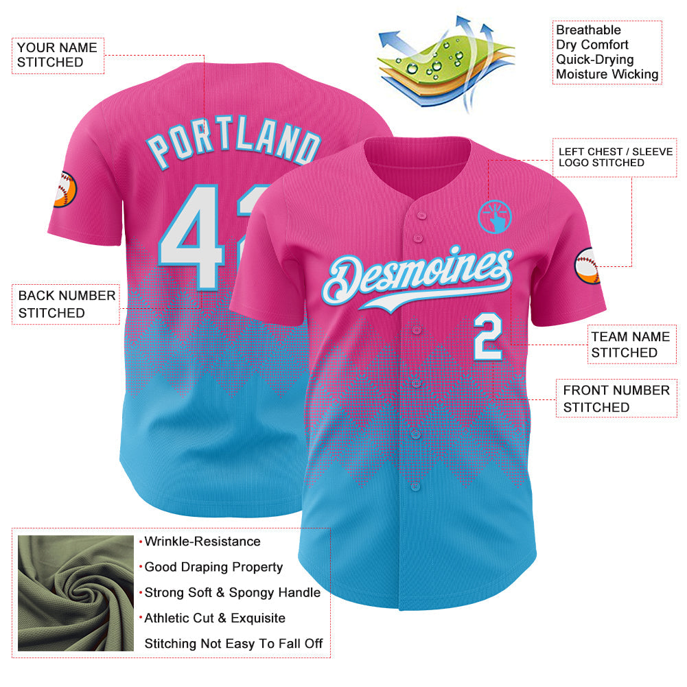 Custom Pink White-Sky Blue 3D Gradient Square Shape Authentic Baseball Jersey - Sky-Custom
