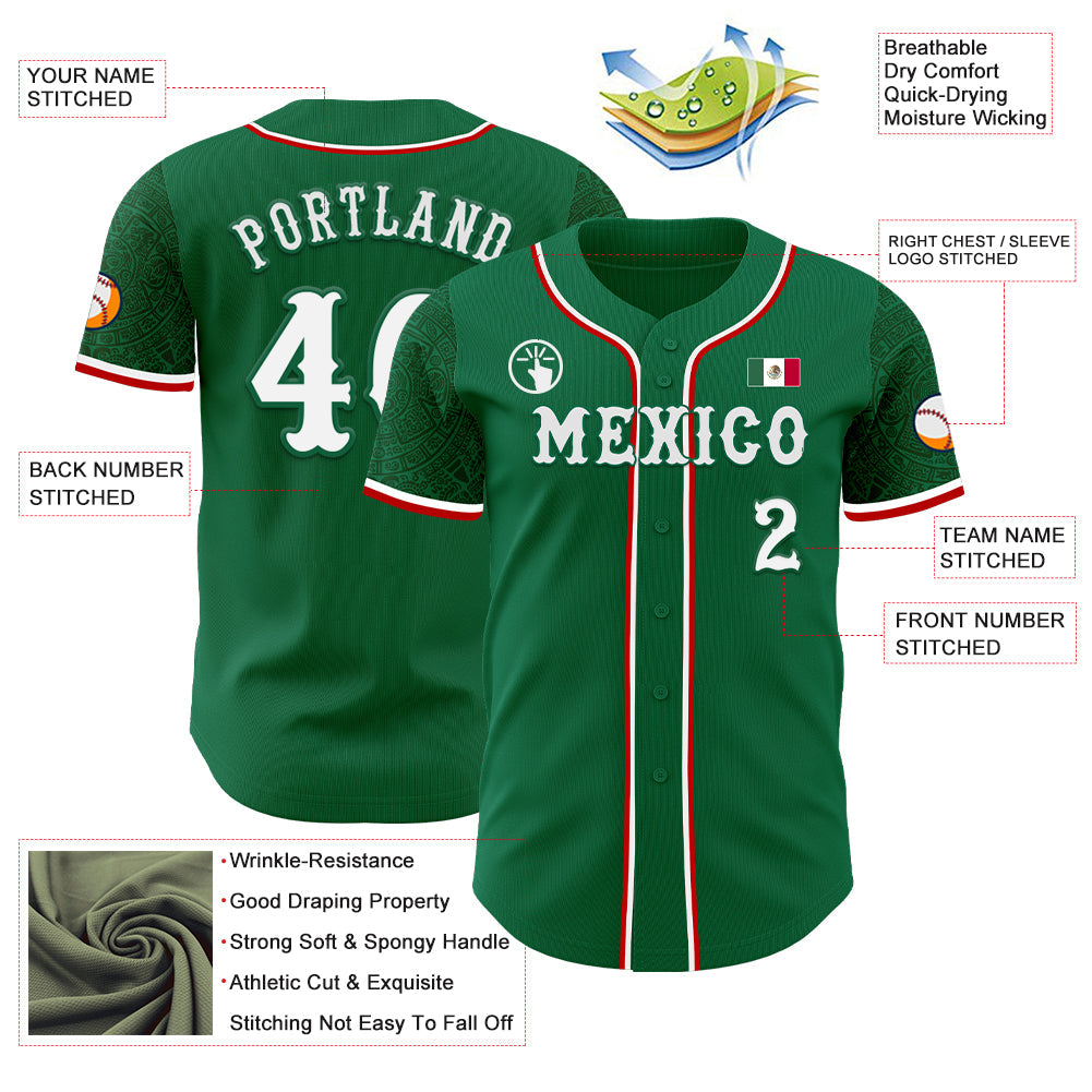 Custom Kelly Green White-Red 3D Mexico Mexican Flag Authentic Baseball Jersey - Sky-Custom