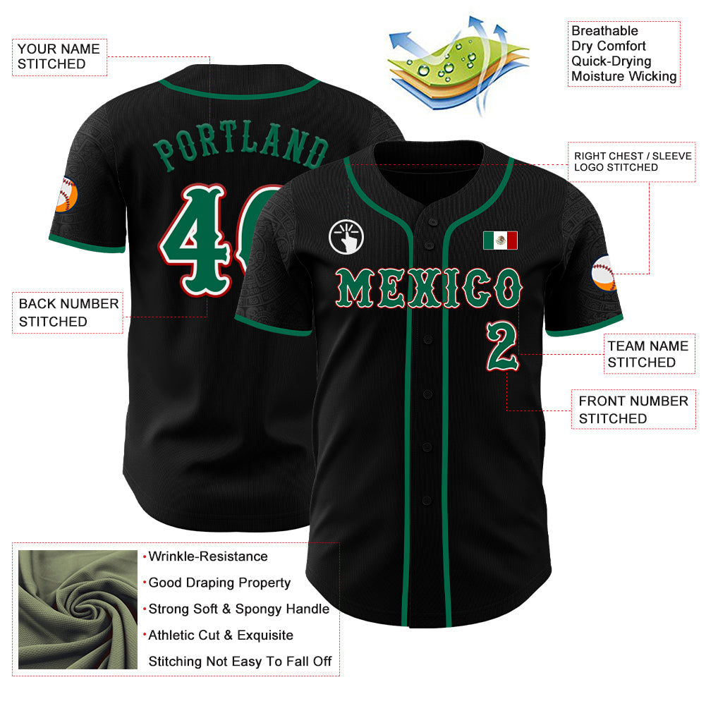 Custom Black Kelly Green White-Red 3D Mexico Mexican Flag Authentic Baseball Jersey - Sky-Custom