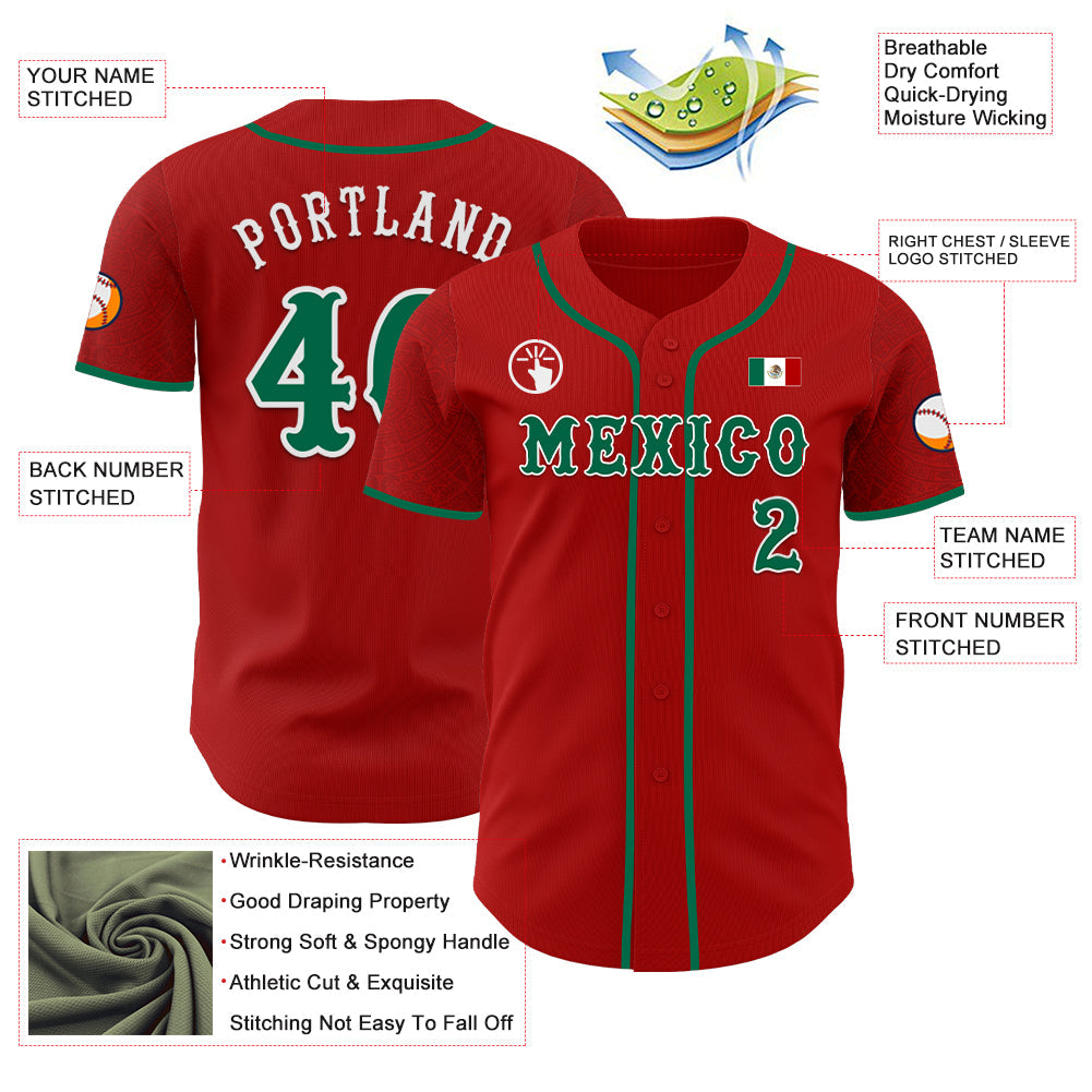Custom Red Kelly Green-White 3D Mexico Mexican Flag Authentic Baseball Jersey - Sky-Custom