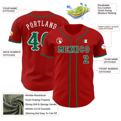 Custom Red Kelly Green-White 3D Mexico Mexican Flag Authentic Baseball Jersey - Sky-Custom