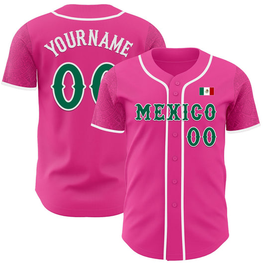 Custom Pink Kelly Green-White 3D Mexico Mexican Flag Authentic Baseball Jersey - Sky-Custom