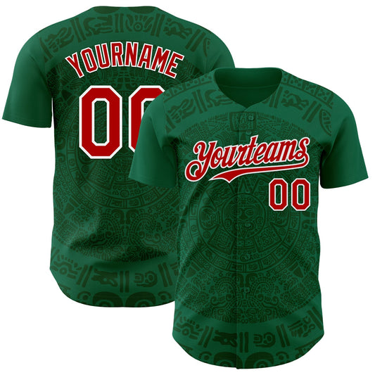 Custom Kelly Green Red Green-White 3D Mexico Authentic Baseball Jersey - Sky-Custom