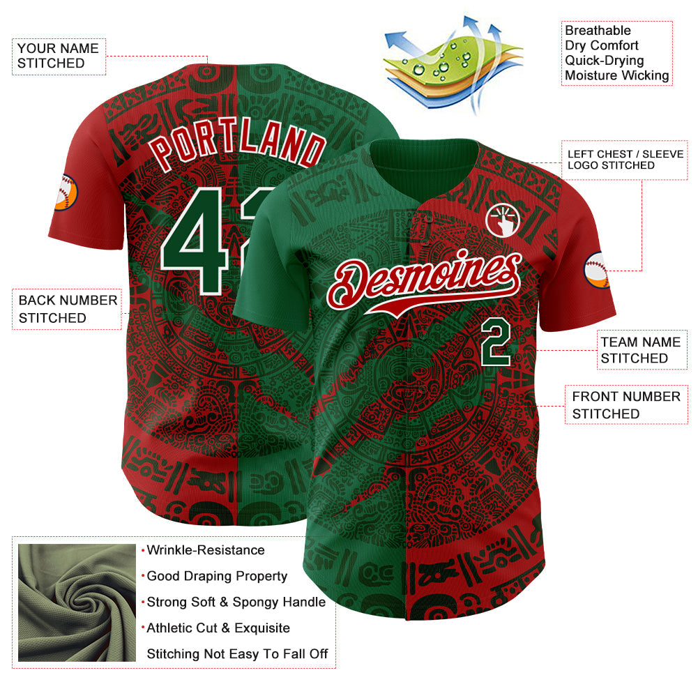 Custom Red Green Kelly Green-White 3D Mexico Scratch Authentic Baseball Jersey - Sky-Custom