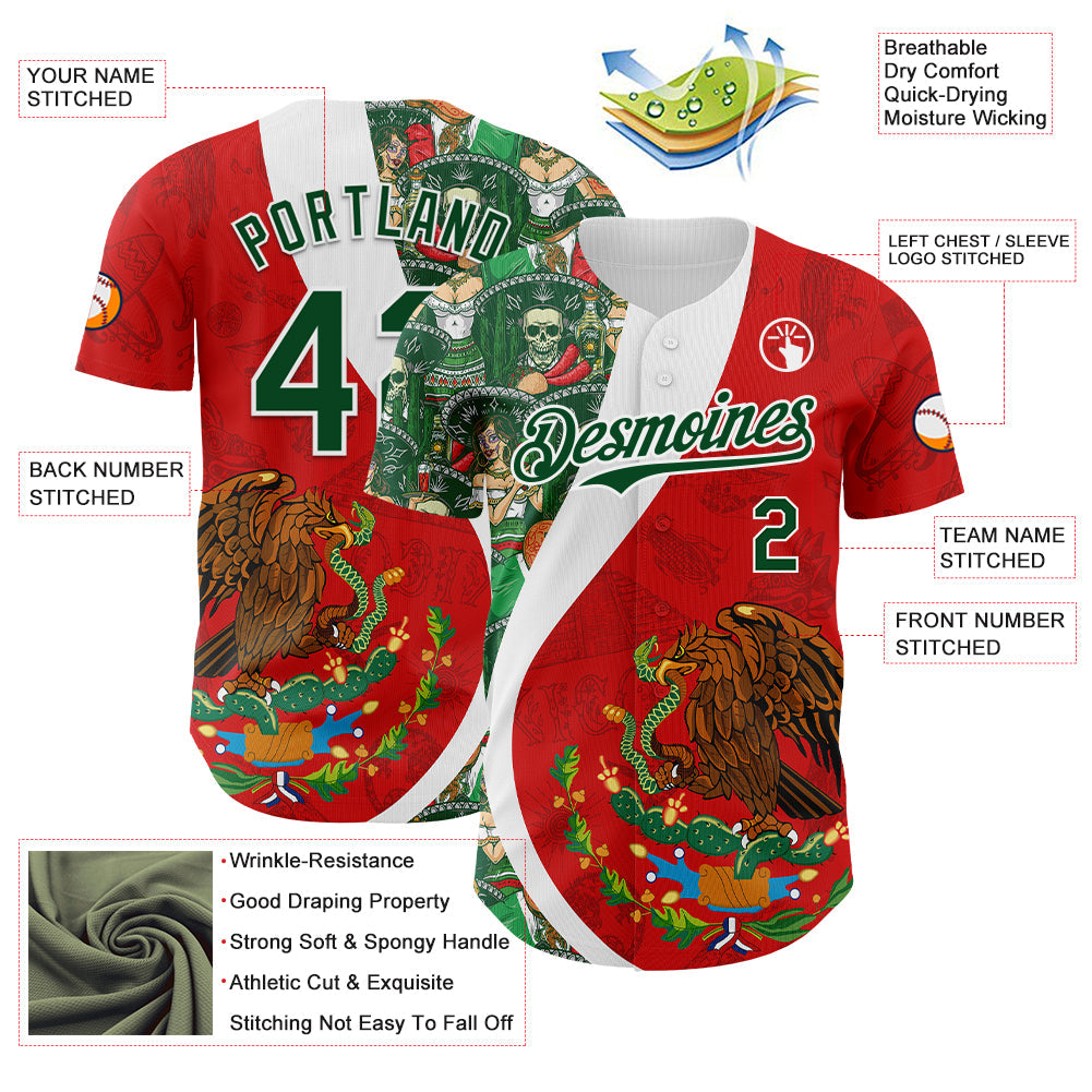 Custom Red Green-White 3D Mexico Authentic Baseball Jersey - Sky-Custom