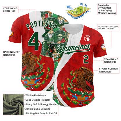 Custom Red Green-White 3D Mexico Authentic Baseball Jersey - Sky-Custom