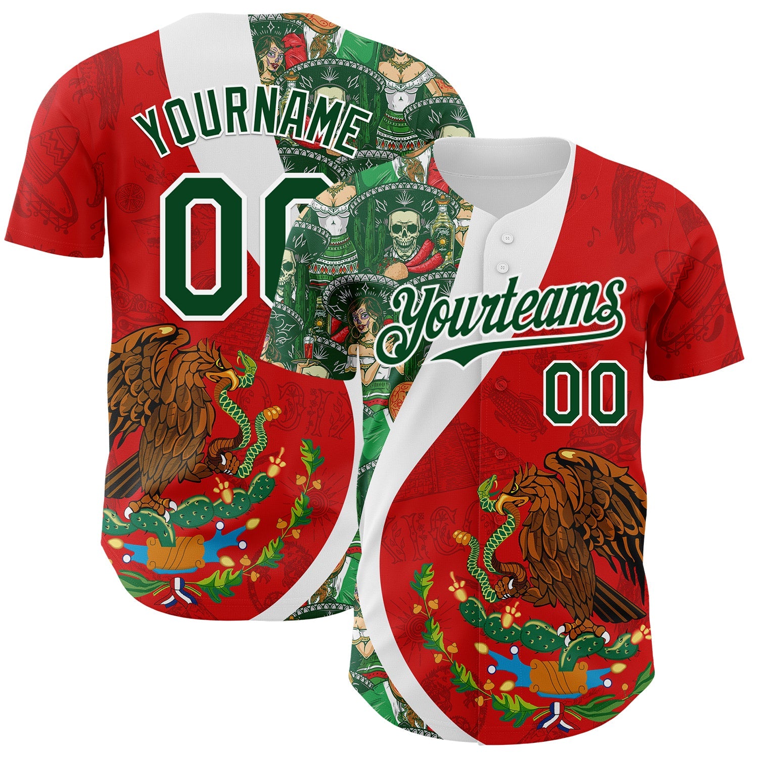 Custom Red Green-White 3D Mexico Authentic Baseball Jersey - Sky-Custom