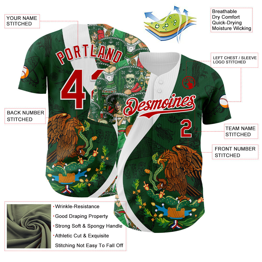 Custom Green Red Kelly Green-White 3D Mexico Authentic Baseball Jersey - Sky-Custom