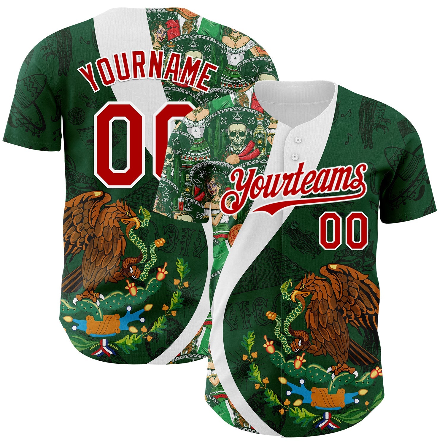 Custom Green Red Kelly Green-White 3D Mexico Authentic Baseball Jersey - Sky-Custom