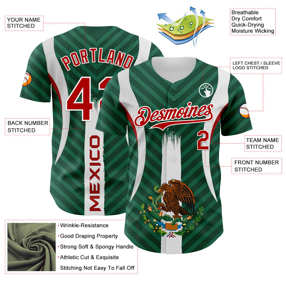 Custom Green Red Kelly Green-White 3D Mexico Authentic Baseball Jersey - Sky-Custom