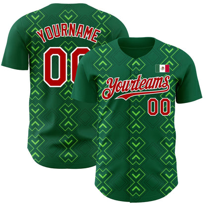 Custom Kelly Green Red-White 3D Mexico Mexican Flag Authentic Baseball Jersey - Sky-Custom