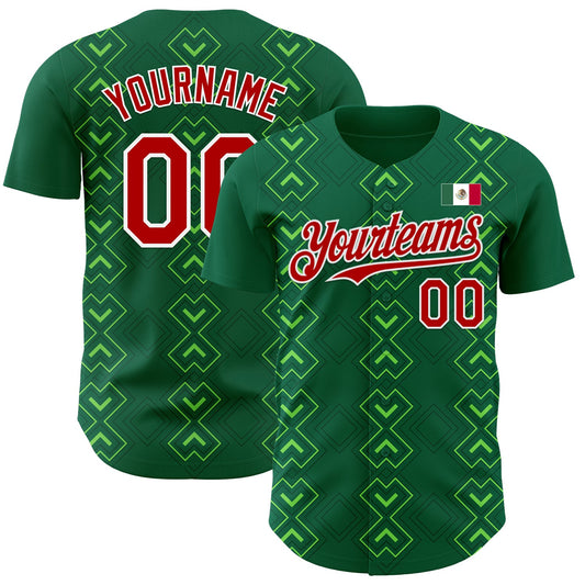 Custom Kelly Green Red-White 3D Mexico Mexican Flag Authentic Baseball Jersey - Sky-Custom
