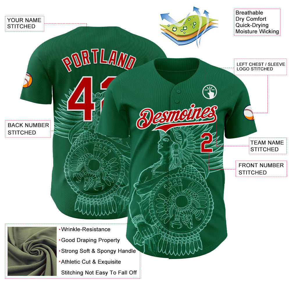 Custom Kelly Green Red-White 3D Mexico Mexican Flag Authentic Baseball Jersey - Sky-Custom