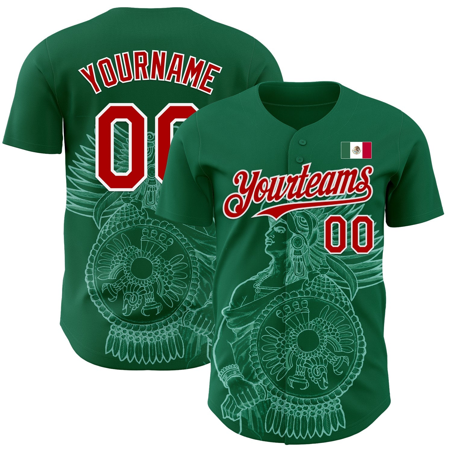 Custom Kelly Green Red-White 3D Mexico Mexican Flag Authentic Baseball Jersey - Sky-Custom