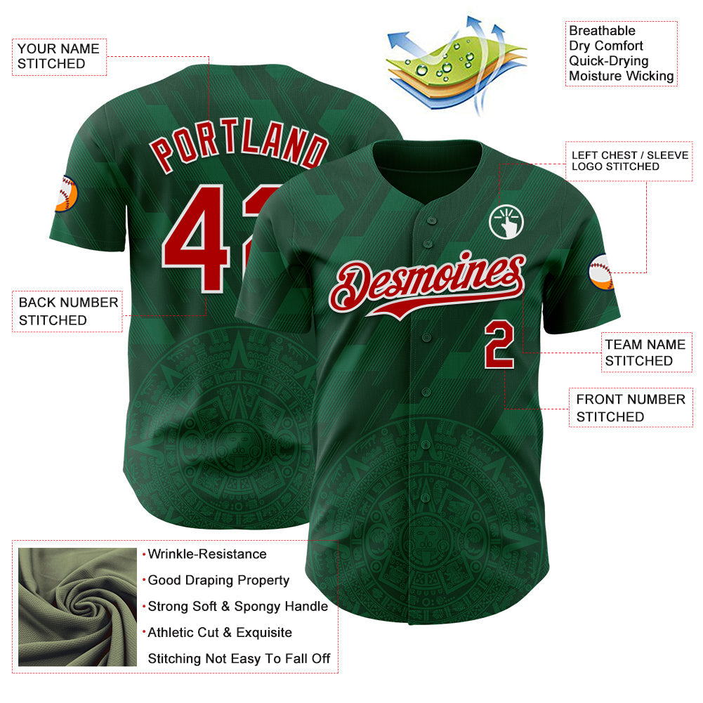 Custom Kelly Green Red-White 3D Mexico Authentic Baseball Jersey - Sky-Custom