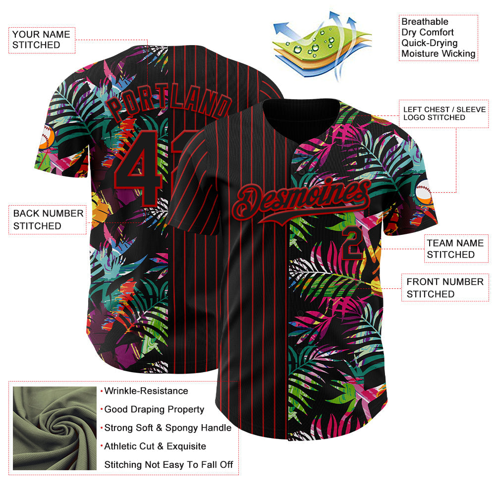 Custom Black Red 3D Pattern Design Pinstripe Tropical Palm Leaves Authentic Baseball Jersey - Sky-Custom